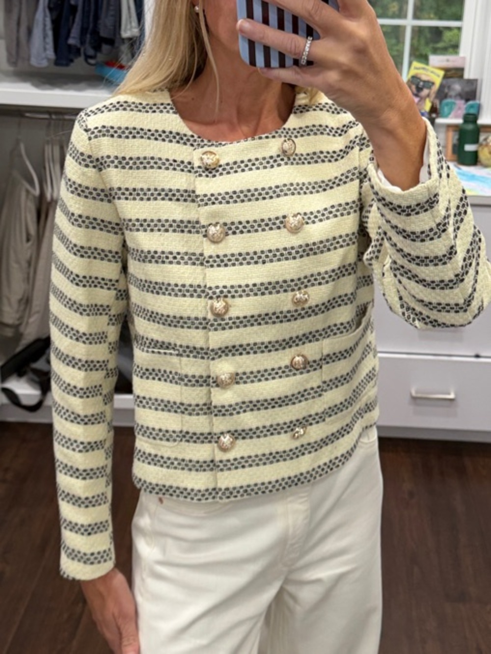Amazon Cream & Navy Striped Double-Breasted Knit Jacket